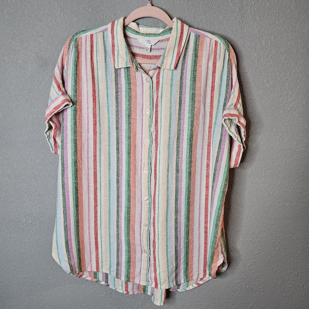 Time Tru Size L (12-14)‎ Multi Color Striped Linen Blend Button Top Shirt Dolman